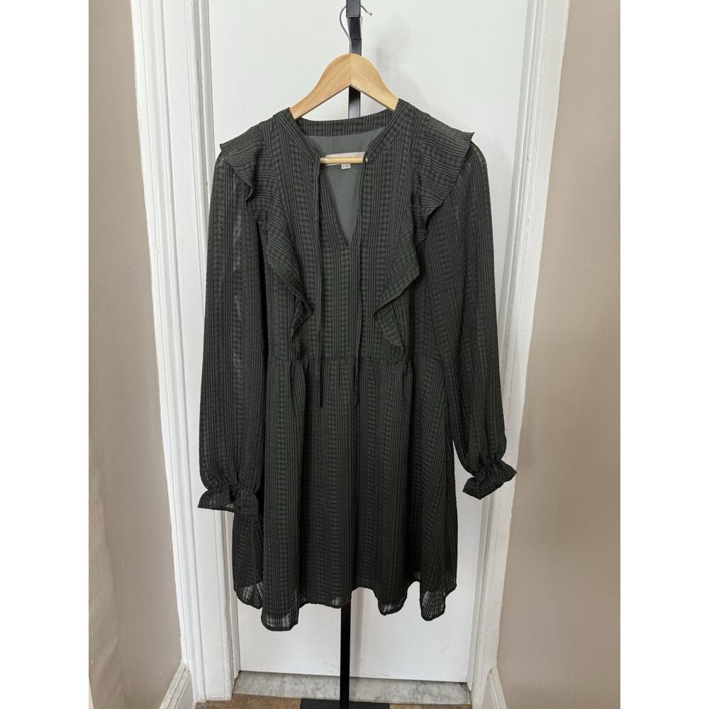 LOFT Women's Green Textured Long Sleeve Ruffle Keyhole Neckline Dress Size M
